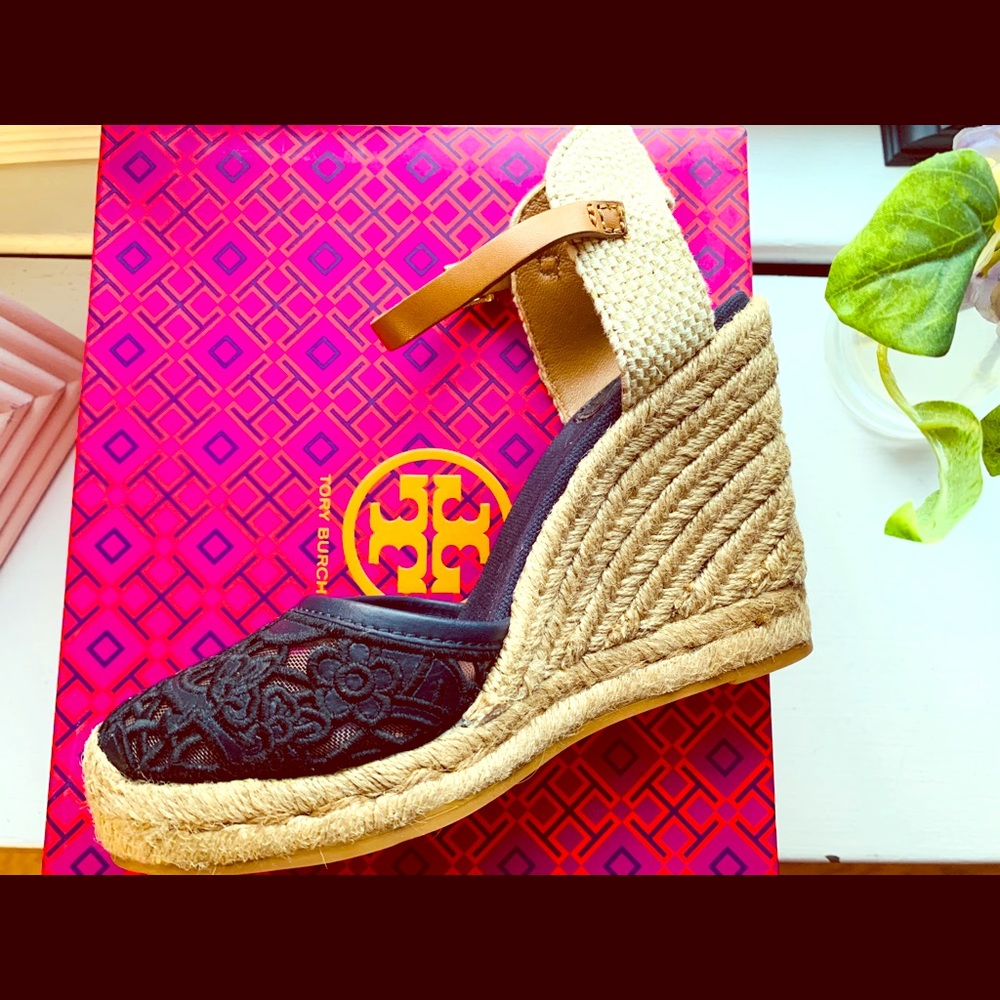 NEW Tory Burch Navy Lucia Lace Wedge Espadrilles